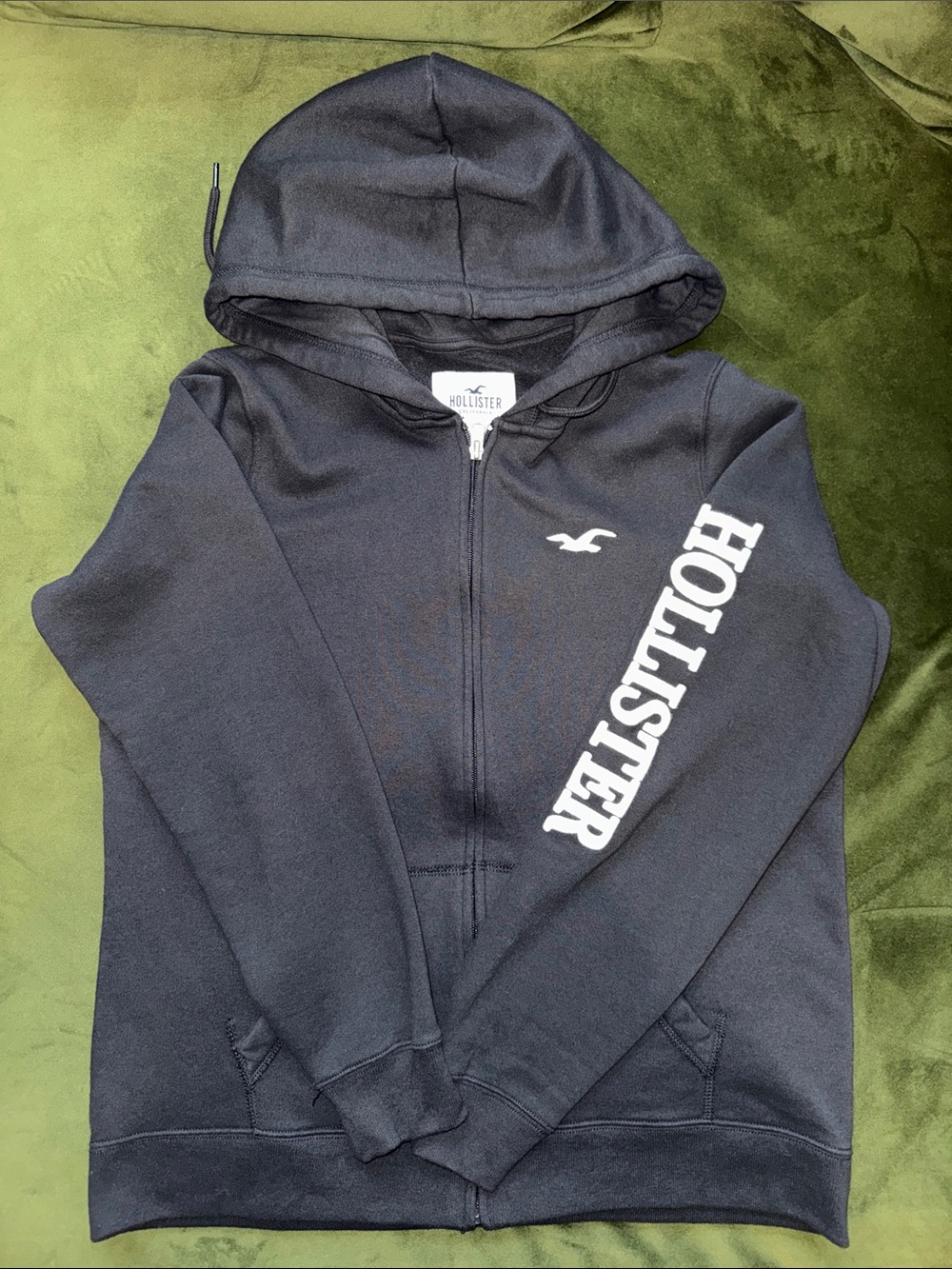 Hollister Men Black Full-Zip Hoodie with Sleeve Logo
